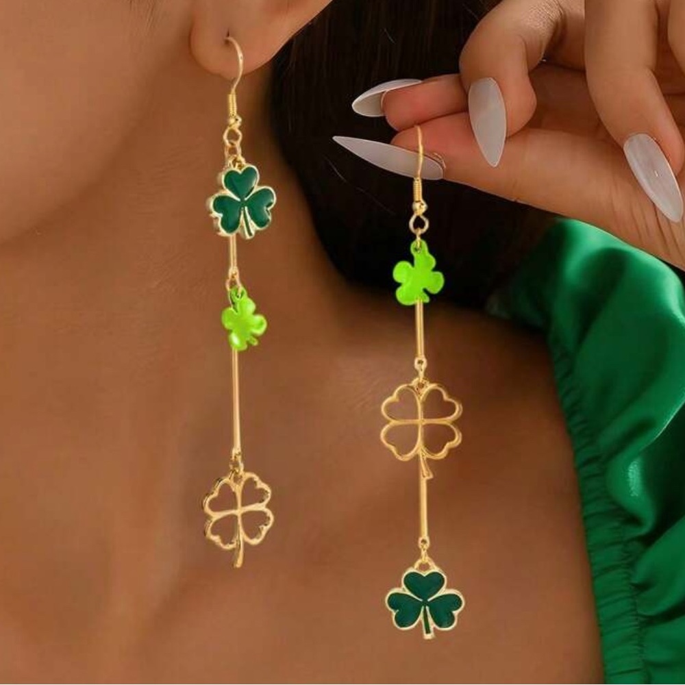 Green and Gold Clover Dangle Earrings